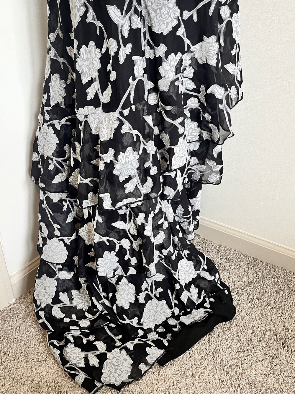 LENA Black Floral Maxi Dress XL Halter Open Back Ruffle Formal Gown - Picture 8 of 10